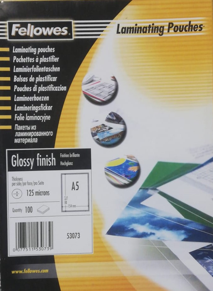 POUCHES PLASTIFICAZIONE A5 FELLOWES LUCIDE 125 MICRONS 100 FOGLI